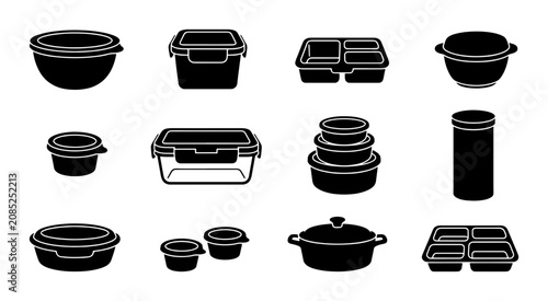 Food Storage Containers Vector Icons Set, Kitchenware Meal Prep Boxes, Reusable Plastic Tubs and Jars, Black Silhouette Collection for Healthy Eating and Organization