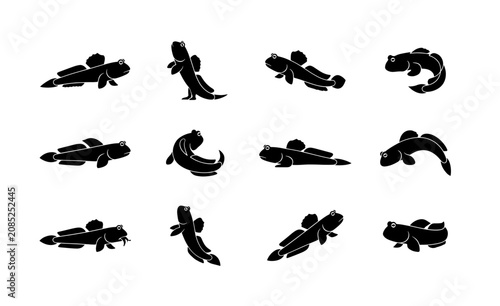 Mudskipper Vector Icons Set, Aquatic Amphibious Fish Silhouette Collection, Marine Life Underwater Creature Graphics
