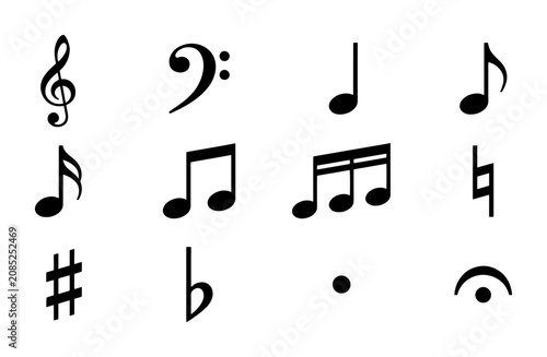 Musical Notation Icons, Classic Music Symbols, Treble Clef, Bass Clef, Notes, Sharps, Flats, Vector Graphics for Audio and Performance
