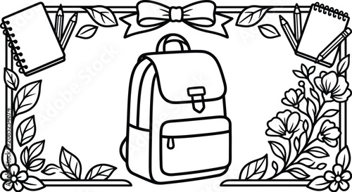 Billede på lærred A comprehensive coloring page featuring a school backpack surrounded by pencils and notebooks in a floral frame