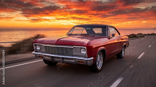 Vibrant Red Classic 1960s American Muscle Car Driving on Coastal Road at Sunset