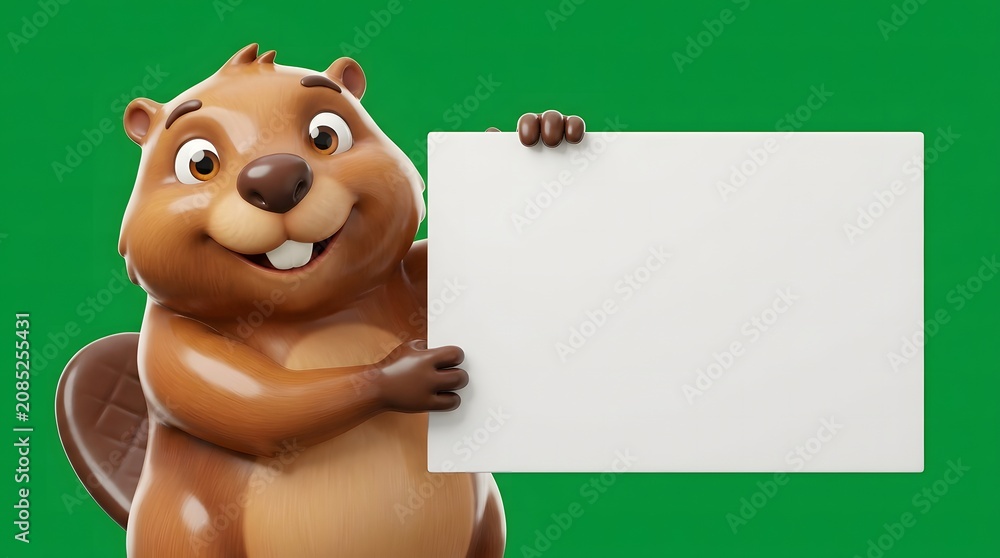 Fototapeta premium Cartoon beaver holding blank sign on green background