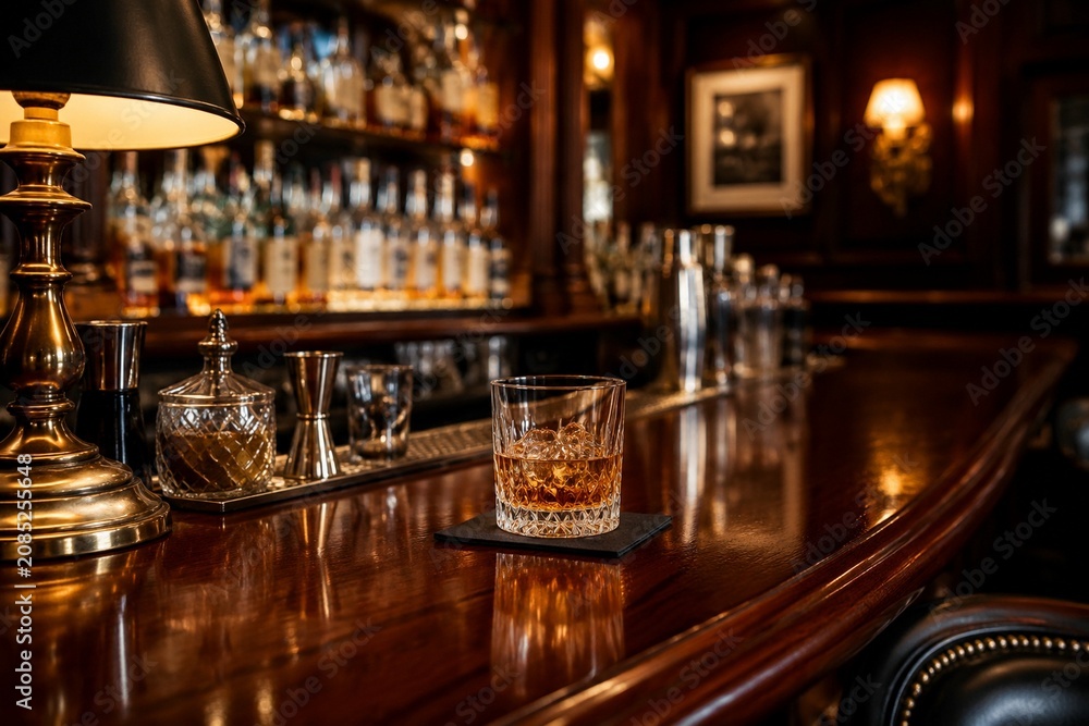 Obraz premium Elegant bar counter close-up, polished wood surface with sophisticated ambiance.