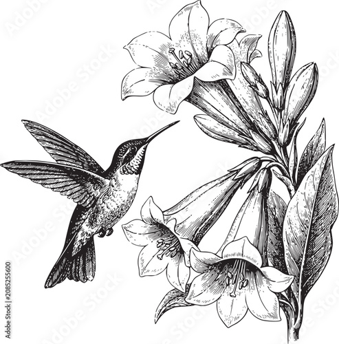 Hummingbird flying near blooming lilies, engraved illustration, hand drawn realistic drawing of a tiny bird and beautiful flowers.