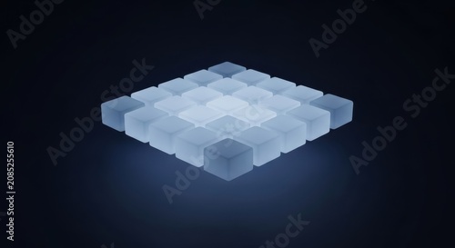 A glowing blue 3D cube structure rises from a dark background