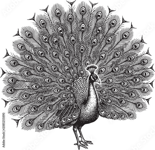 Elegant Peacock Vector Illustration with Detailed Feather Tail Isolated on White Background Beautiful Peafowl Wildlife Art Design