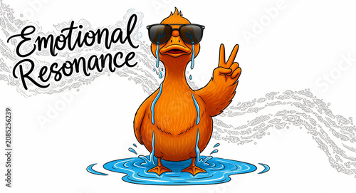 Cartoon duck wearing sunglasses crying while making peace sign. Vibrant orange character stands in puddle with emotional resonance text. Humorous resilience concept for mental health awareness.