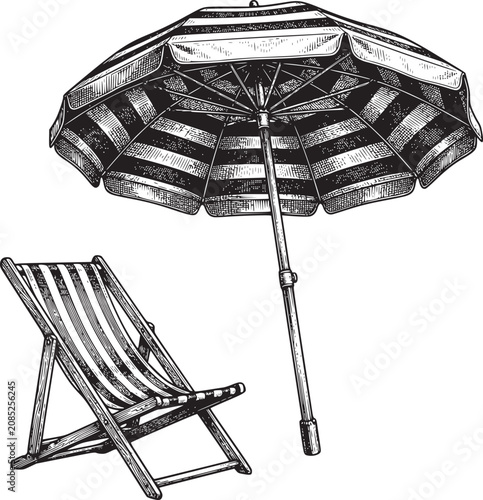 Black Beach Umbrella with Lounge Chair Isolated on White Background Summer Vacation Relaxation Concept