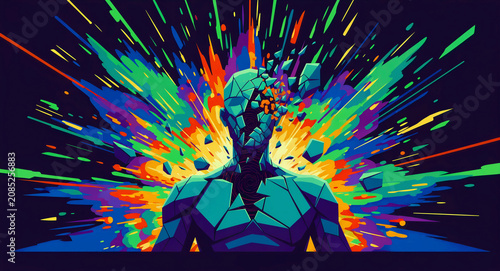 Abstract human silhouette shattering amidst a vibrant paint explosion. Fragmented figure breaking apart against a kaleidoscopic backdrop. Mental health concept for psychology and creative media.