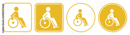 Wheelchair accessibility badge icon set in yellow, rounded square and circle styles, outlined and filled, disability support symbol