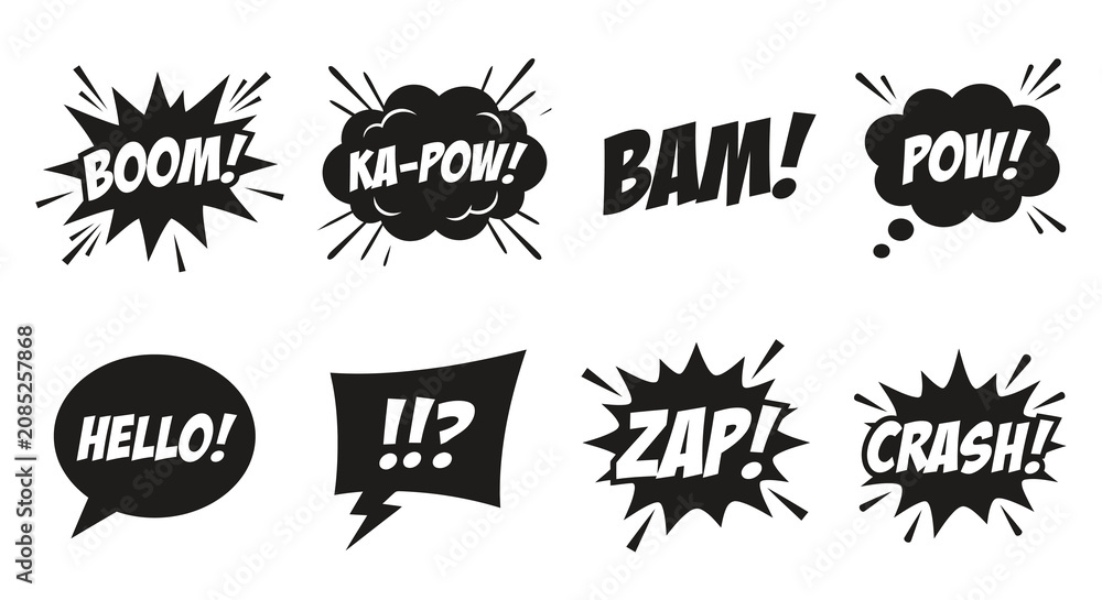 Fototapeta premium Comic book speech bubbles with onomatopoeia black vector illustration