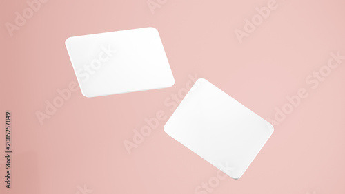 Double plain white business cards floating over Peachy Pink background, 2 rectangular business cards with rounded corners. business card mockups