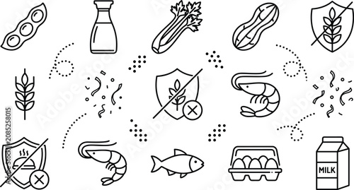 Food allergen icons and dietary restriction intolerance guide line art vector illustration doodle set