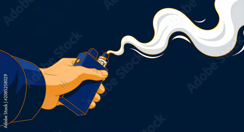 Hand holding electronic cigarette releasing thick vapor. Stylized vector of a modern vape device on blue background. Modern habit concept, ideal for health awareness or vape shop marketing.
