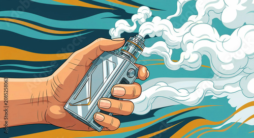 Hand holding vape device emitting thick white clouds. Stylized comic book illustration with dynamic teal background. Alternative smoking concept for lifestyle media and shop marketing.