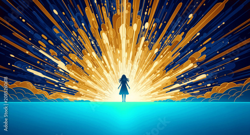 Woman silhouette standing before golden light burst. Vibrant graphic art with dynamic motion lines and clouds. Inspiration concept for motivational and spiritual marketing.