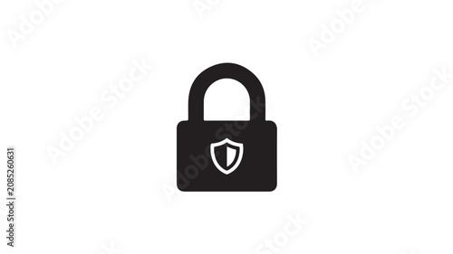 Black padlock icon with white shield symbol on a plain white background for security concepts