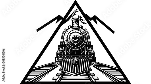 Valokuva Vintage steam train approaching in a triangular mountain landscape