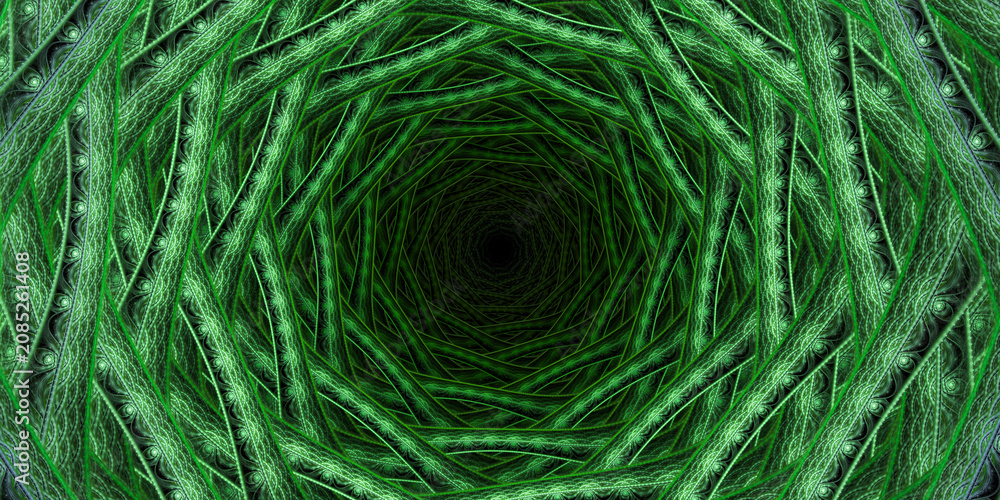 Fototapeta premium Abstract green fractal tunnel background. Intricate spiral vortex of interwoven textured lines leading to a dark center, perfect for technology, sci-fi, and organic pattern concepts