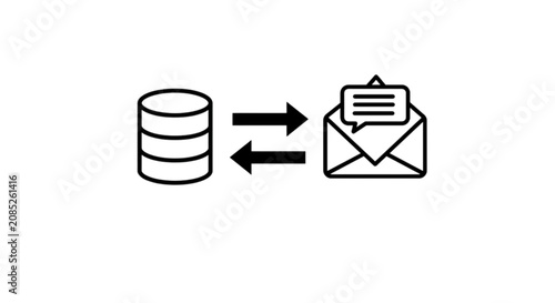 Database and mail exchange line art vector image showing two arrows transfering data between database storage cylinder and mail message envelope icon.