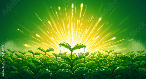 Green sprouts growing under bright golden sunburst. Fresh leaves with dew droplets in radiant light. Growth and sustainability concept for organic farming and eco-friendly marketing.