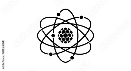 Atomic structure model line art vector image featuring electrons orbiting around a central dense nucleus representing science physics chemistry and nuclear research concept.