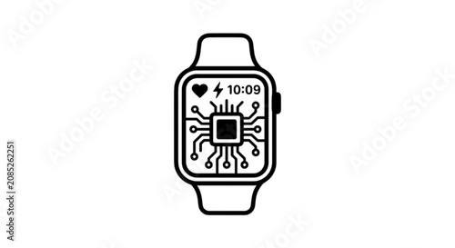 Modern smart watch vector image displaying an integrated circuit CPU chip layout with a heart rate monitor and battery charging status symbol.
