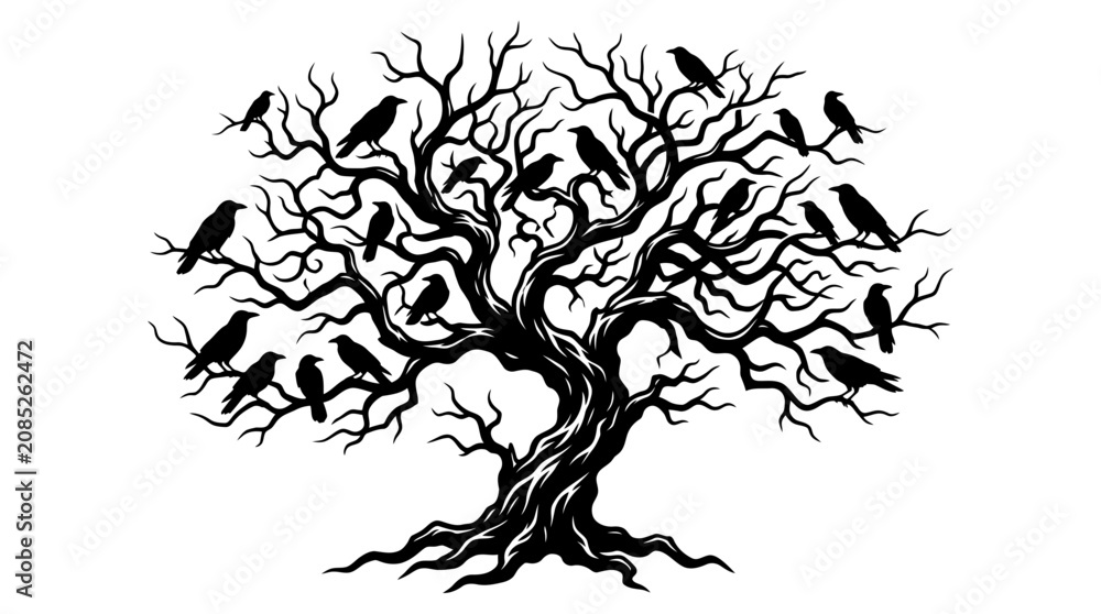 Fototapeta premium Silhouette of a flock of crows and ravens perched on the twisted branches of a gnarled bare tree, isolated on white background vector illustration