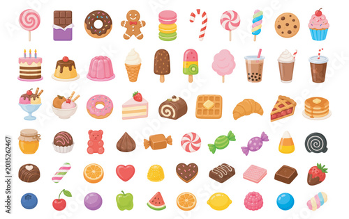Bild auf Leinwand Set of colorful sweet dessert icons and candy illustrations Vector, illustration