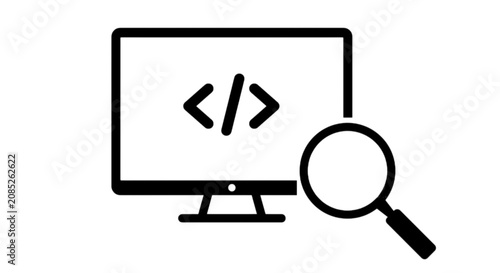 Code review and optimization concept line vector image showing computer screen displaying software development programming tags and a magnifying glass for checking bugs