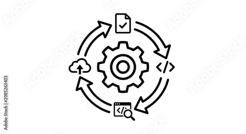 Isolated vector image icon depicting software development lifecycle diagram featuring DevOps automation loops with a gear and coding signs designed for modern