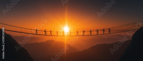 Bridging the Divide at Sunset: Silhouetted figures walk in single file across a narrow suspension bridge spanning a deep chasm, with a vibrant sunset casting a warm.