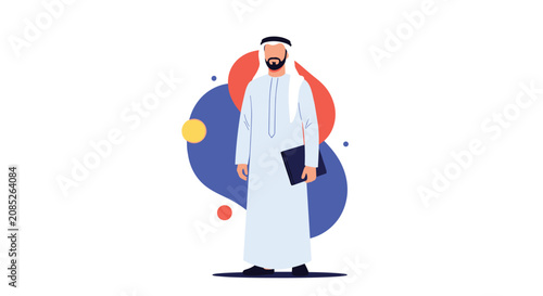 Arab businessman wearing traditional white thobe and kandura holding a laptop folder on colorful background.
