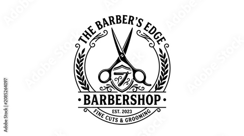 Vintage Barbershop Logo Emblem with Scissors and Straight Razor for Professional Male Grooming and Haircut Services