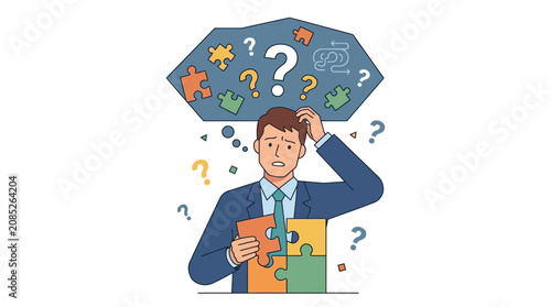 Confused Businessman Struggling to Solve Complex Problem with Puzzle Pieces and Question Marks