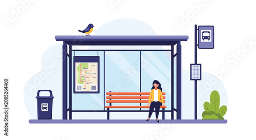 Young woman sitting alone on a wooden bench at a modern city bus stop with a route map and bird on the roof.