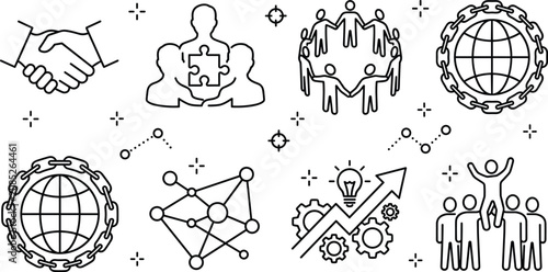 Global business cooperation line icons set with handshake network unity and team success growth