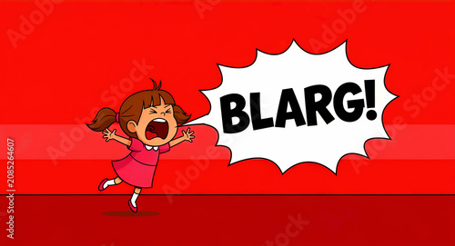 Cartoon girl shouting loudly with a large speech bubble. Angry child illustration with comic book text on red background. Tantrum and outburst concept for child behavior and parenting topics.