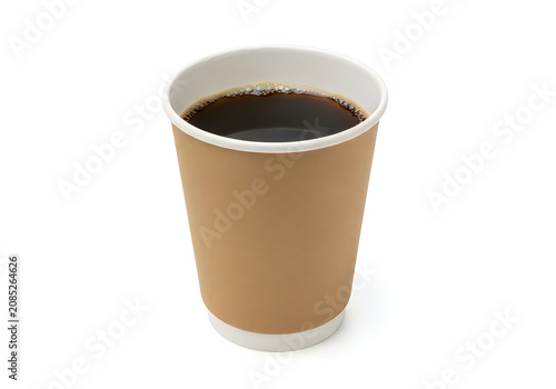 Hot coffee in a brown paper cup with white lid isolated on white background