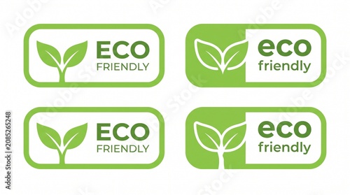 Eco friendly labels set featuring green leaf icons and simple typography inside rectangular frames for sustainable product branding and natural packaging design isolated on white
