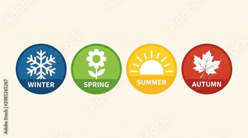 Four seasons symbols representing winter spring summer and autumn with flat colorful circular icons featuring a snowflake flower sun and leaf on a cream background
