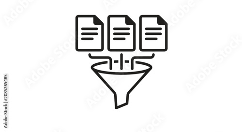 Professional data filtering process line art vector image displaying document conversion optimization pipeline funnel analytics tool icon symbol illustration for business structure.
