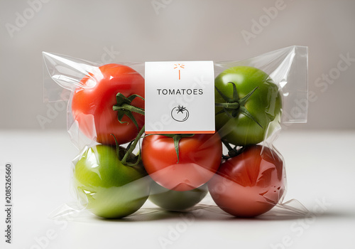 Fresh red and green vine tomatoes in clear plastic retail packaging