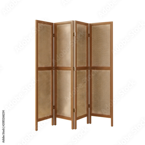 Brown bamboo room divider with green leaves pattern standing indoors isolated on white background