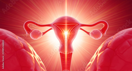 3D female uterus and ovaries with glowing light effect. Anatomical model showing reproductive organs. Healthcare concept for gynecology, fertility, and women's wellness marketing.
