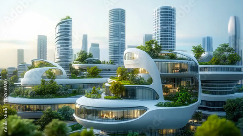 Eco architecture. Green tree and glass office building