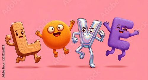 Fun animated characters spelling LOVE against a pink background. Textures like wood, fur, and metal bring these cute letters to life. Playful typography for Valentine marketing and greeting cards.