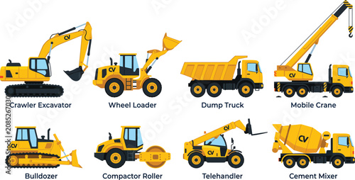 Quadro em tela Heavy construction equipment and machinery vector set with names isolated on wh