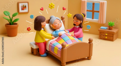 Clay style 3D characters of two daughters caring for their elderly mother in bed. The caregivers tuck in the grandmother in a warm bedroom. Home care concept for senior living marketing.