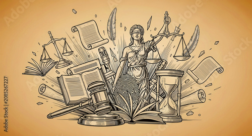 Lady Justice with scales, gavel, and books. Vintage engraving featuring scrolls and hourglass. Legal concept for law firm branding.